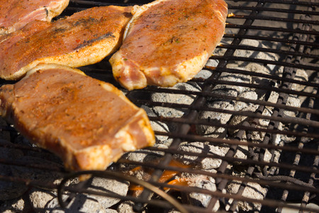 Barbecue Grill Steaks, Grilled meat on the Flamed BBQ.の写真素材