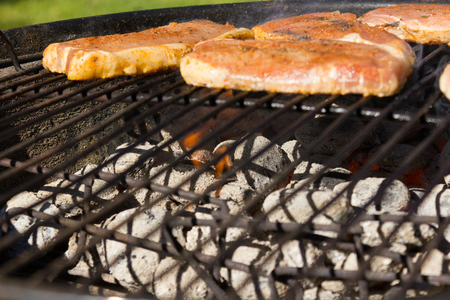 Barbecue Grill Steaks, Grilled meat on the Flamed BBQ.の写真素材
