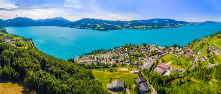 Aerial view, beautiful clear alpine lake Attersee with green water, salzkammergut, Austria, europeの写真素材