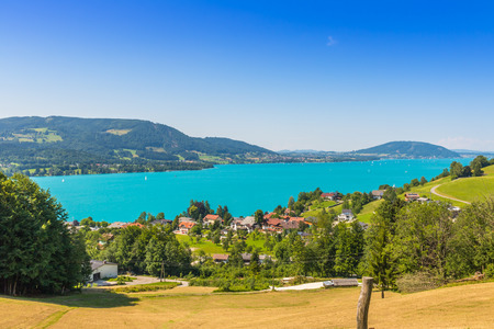 Beautiful landscape at lake Attersee in Steinbach, Salzkammergut in Austriaの写真素材