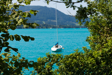 Beautiful landscape at lake Attersee in Steinbach, Salzkammergut in Austriaの写真素材
