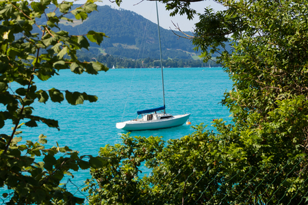 Beautiful landscape at lake Attersee in Steinbach, Salzkammergut in Austriaの写真素材