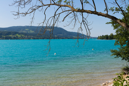 Beautiful landscape at lake Attersee in steinbach, Salzkammergut in Austria, Summer and sunn.の写真素材