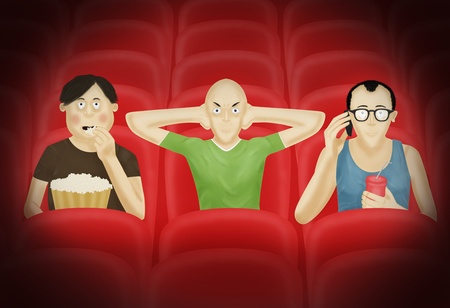 Three men in a cinema, illustrationの写真素材