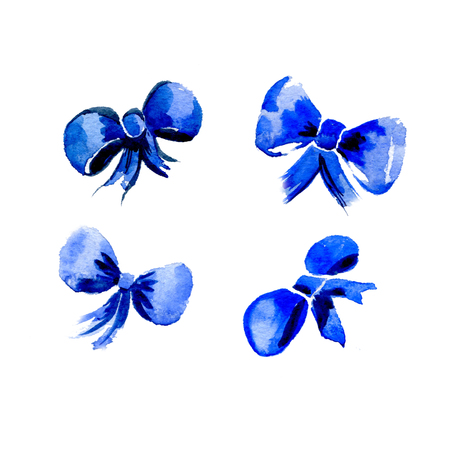 A set of blue bows. Hand drawn illustration. Watercolor. Isolated.の写真素材