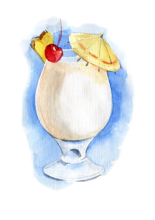 Pina-colada cocktail in glass. Watercolor illustration.の写真素材