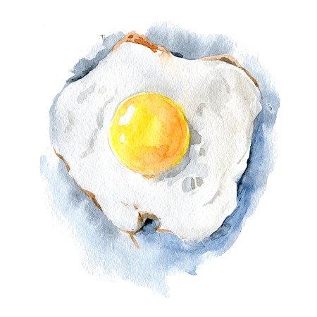 Delicious fried egg on a white background. Watercolor illustration made by hand. Isolated.の写真素材