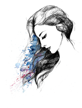 Sketch of a female profile with long hair. Graphics on a white background.の写真素材