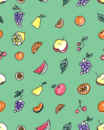 Seamless pattern of fruit: pear, Apple, orange, Mandarin, grapes, cherries on a green background.の写真素材