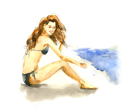 Girl in bikini sitting on beach near sea. Hand drawn watercolor illustration.の写真素材