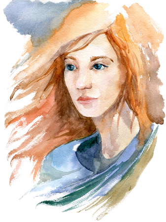 Beautiful girl with long red hair. hand drawn watercolor illustration.の写真素材
