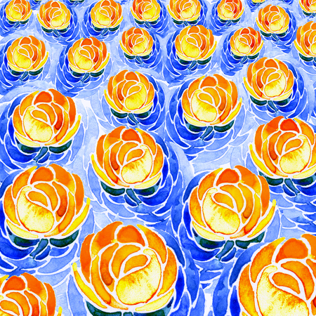Yellow water lilies on the surface of the water. Watercolor.の写真素材