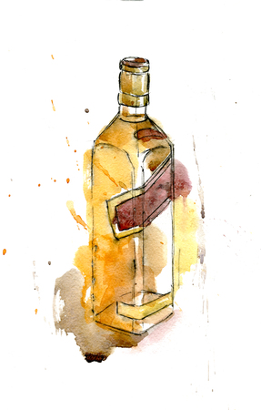 A bottle of whiskey. Watercolor. Isolated.の写真素材