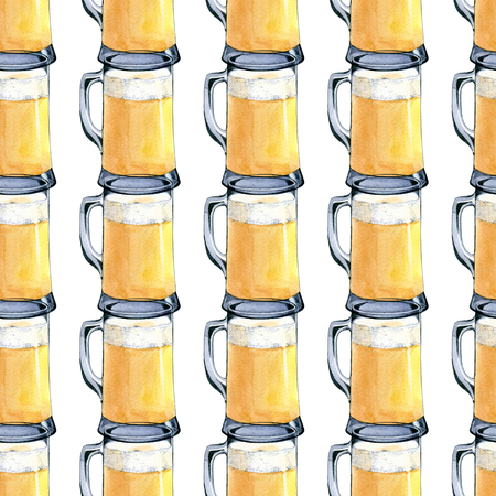 Seamless pattern of mug of light beer. Hand drawn watercolor illustration on white backgroundの写真素材