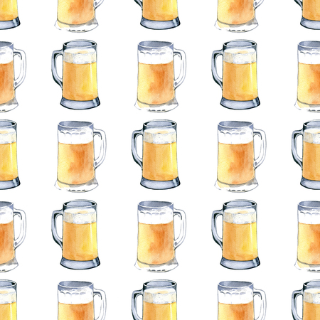 Seamless pattern of mug of light beer. Hand drawn watercolor illustration on white backgroundの写真素材