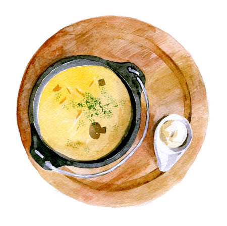 Delicious mushroom soup on a wooden round stand with sour cream and herbs. Watercolor illustration isolated on white backgroundの写真素材