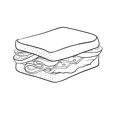 Tomato, ham, cheese and lettuce sandwich. Contour isolated on white.の写真素材