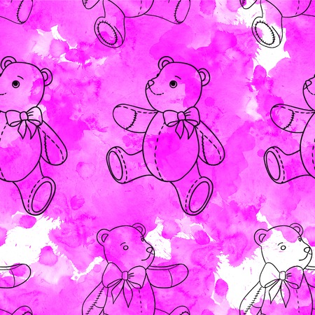 Seamless pattern of contour Teddy bear on pink watercolor backgroundの写真素材