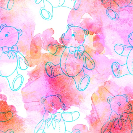 Seamless pattern of contour Teddy bear on pink watercolor backgroundの写真素材