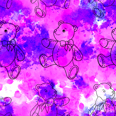 Seamless pattern of contour Teddy bear on pink watercolor backgroundの写真素材