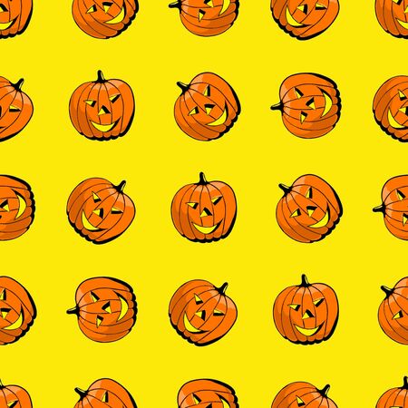 Seamless pattern of pumpkins for Halloween on yellow background. Vectorのイラスト素材