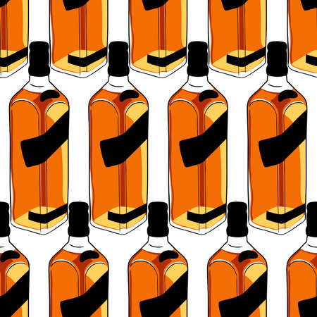 Seamless vector pattern of bottle whiskey on white backgroundのイラスト素材