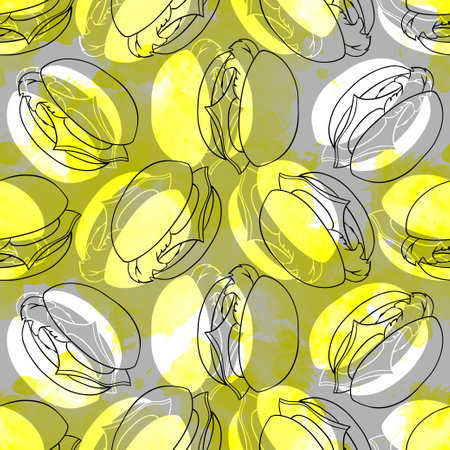 Seamless pattern of burgers on grey and yellow backgroundの写真素材