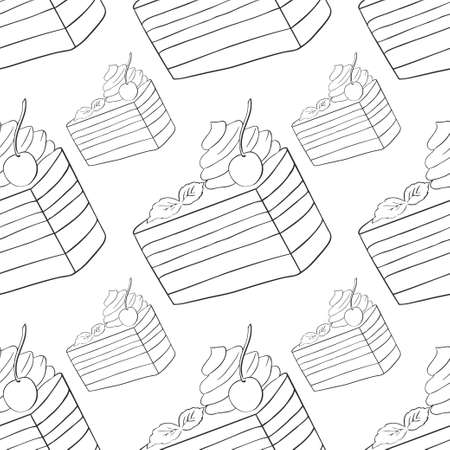 Seamless pattern of Piece of cake with cherry and whipped cream on white background. Vectorのイラスト素材