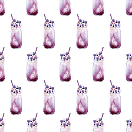 Seamless pattern of Milkshake in a transparent jar, decorated with whipped cream, berries and blackberries. Watercolor illustration on whiteの写真素材
