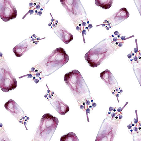 Seamless pattern of Milkshake in a transparent jar, decorated with whipped cream, berries and...