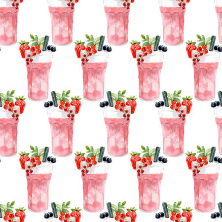 Seamless pattern of Pink cocktail with foam, decorated with strawberries, black and red currants. Watercolor illustration isolated on white backgroundの写真素材