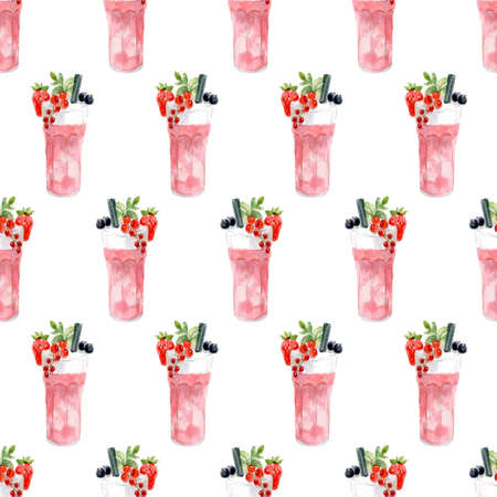 Seamless pattern of Pink cocktail with foam, decorated with strawberries, black and red currants. Watercolor illustration isolated on white backgroundの写真素材