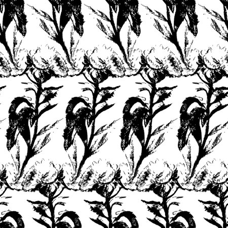 seamless pattern of black sketch flowers on white backgroundの写真素材