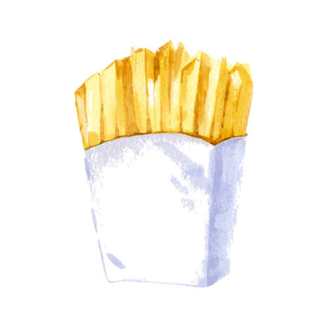 Watercolor french fry in white paper wrapping. Fast food. Hand drawn illustration isolated on white background. Vectorのイラスト素材