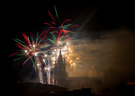 Fireworks on the roofs of the historic center of Acirealeの写真素材