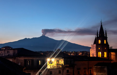 View of the volcano Vesuvius and the church of Santa Maria Maggiore, Naples, Italyの写真素材