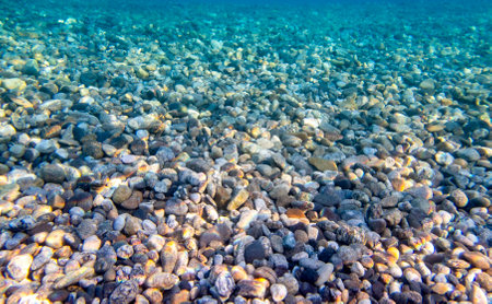 Underwater view of pebbles and stones under water surface.の写真素材