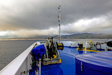 View from the deck of a ferry on the Strait of Messinaの写真素材