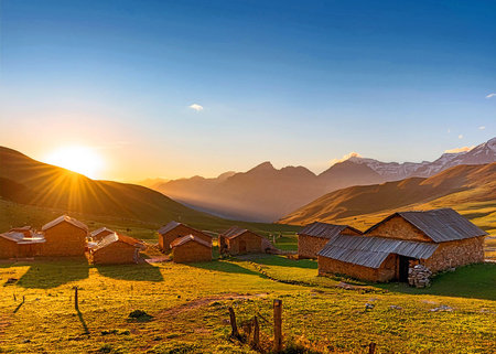Small village in the mountains at sunsetの写真素材