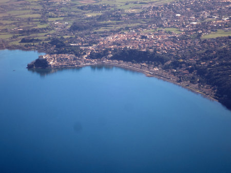 Aerial view of Anguillara and Sabazia lake Braccianoの写真素材