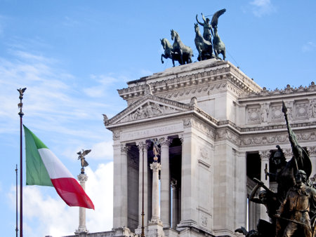 Detail of the Altar of the Fatherland Rome, Italy, with the Italian flagの写真素材