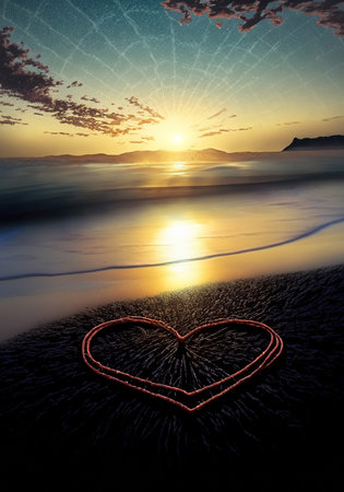 Valentine's day background with heart on the beach at sunsetの写真素材