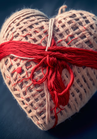 Valentine's day background with heart and red thread on dark blue backgroundの写真素材