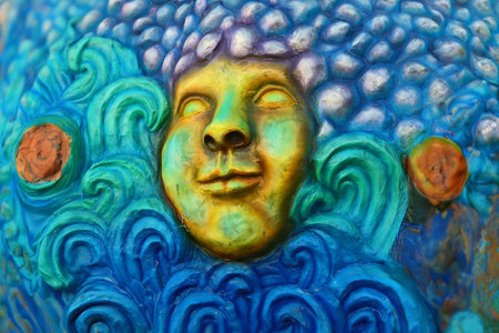 Close-up of a brightly colored papier-mÃ¢chÃ© carnival sculpture, photographic detail