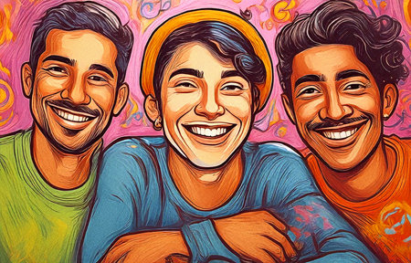 Hand drawn illustration of a group of smiling men. Colorful background.の素材
