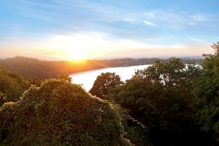 Sunset over the lake from the top of the mountain. Nature composition.の写真素材