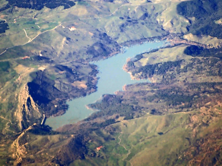 Aerial view of Lake Ancipa and the dam among the Sicilian hills.の写真素材