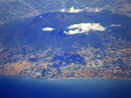 Aerial view of the city of Naples from the airplane window.の写真素材