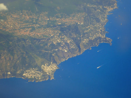 Aerial view of the coast of Vico Equense and the Sorrento Peninsula with boats in the Tyrrhenian Seaの写真素材