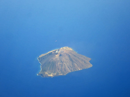 Aerial view of the volcanic island of Stromboli in the Tyrrhenian Sea